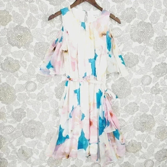 Calvin Klein Cold‎ Shoulder Ruffle Floral Midi Sheer Dress 8  8229 - Picture 1 of 10